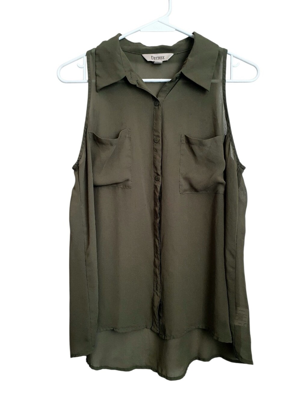 Decree Women's Olive Green Button Down Sheer Shirt Sz L Sleeveless